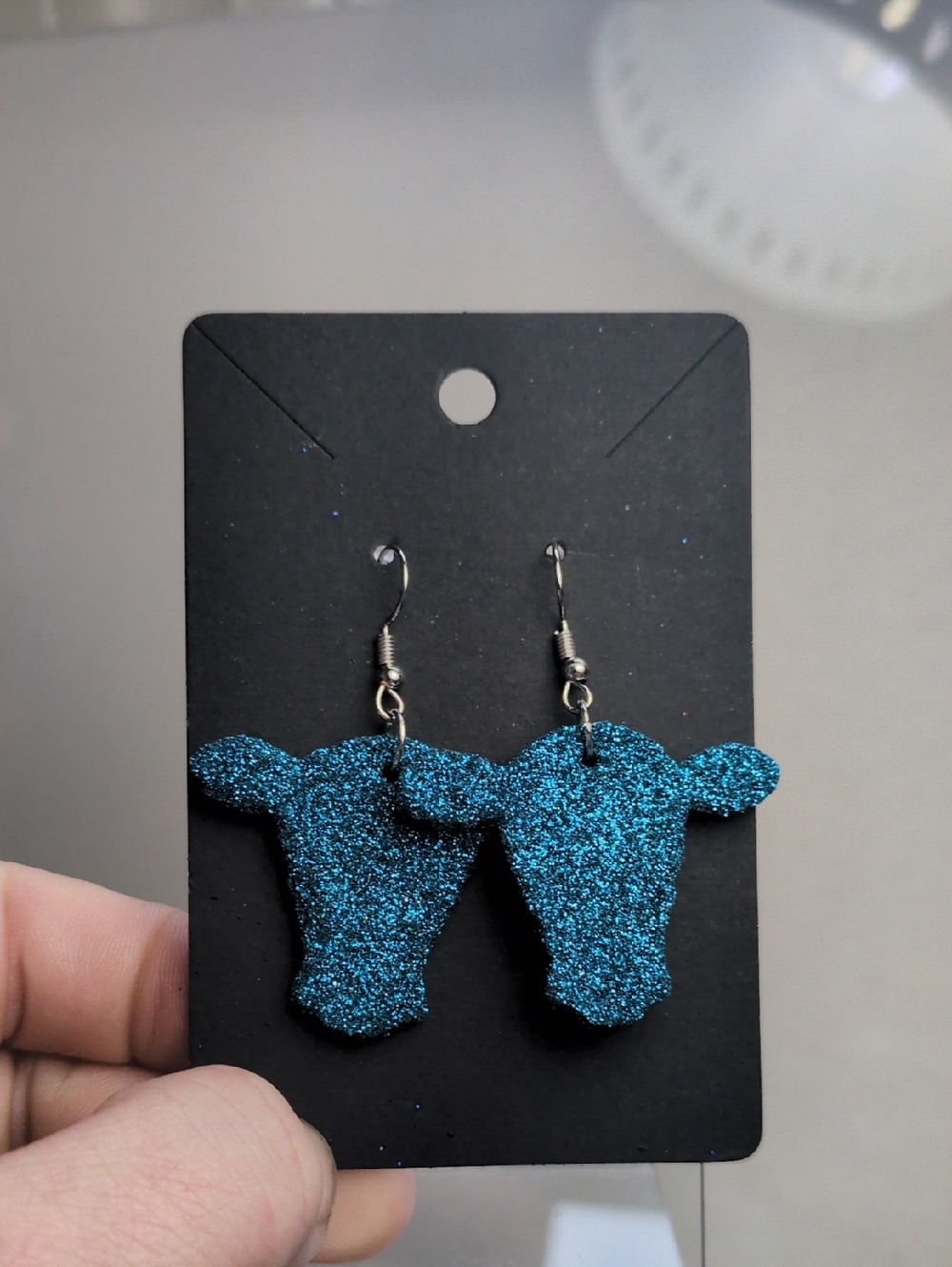 Blue Glitter Cow Head Dangle Earrings